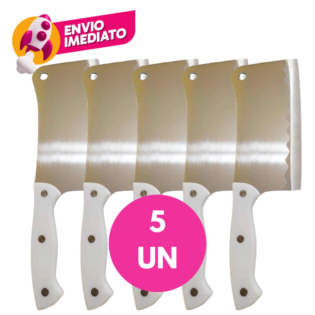 Kit 05 Cutelo Machadinha Inox 6” Profissional Chef Facão Cozinha Açougueiro Cabo Branco
