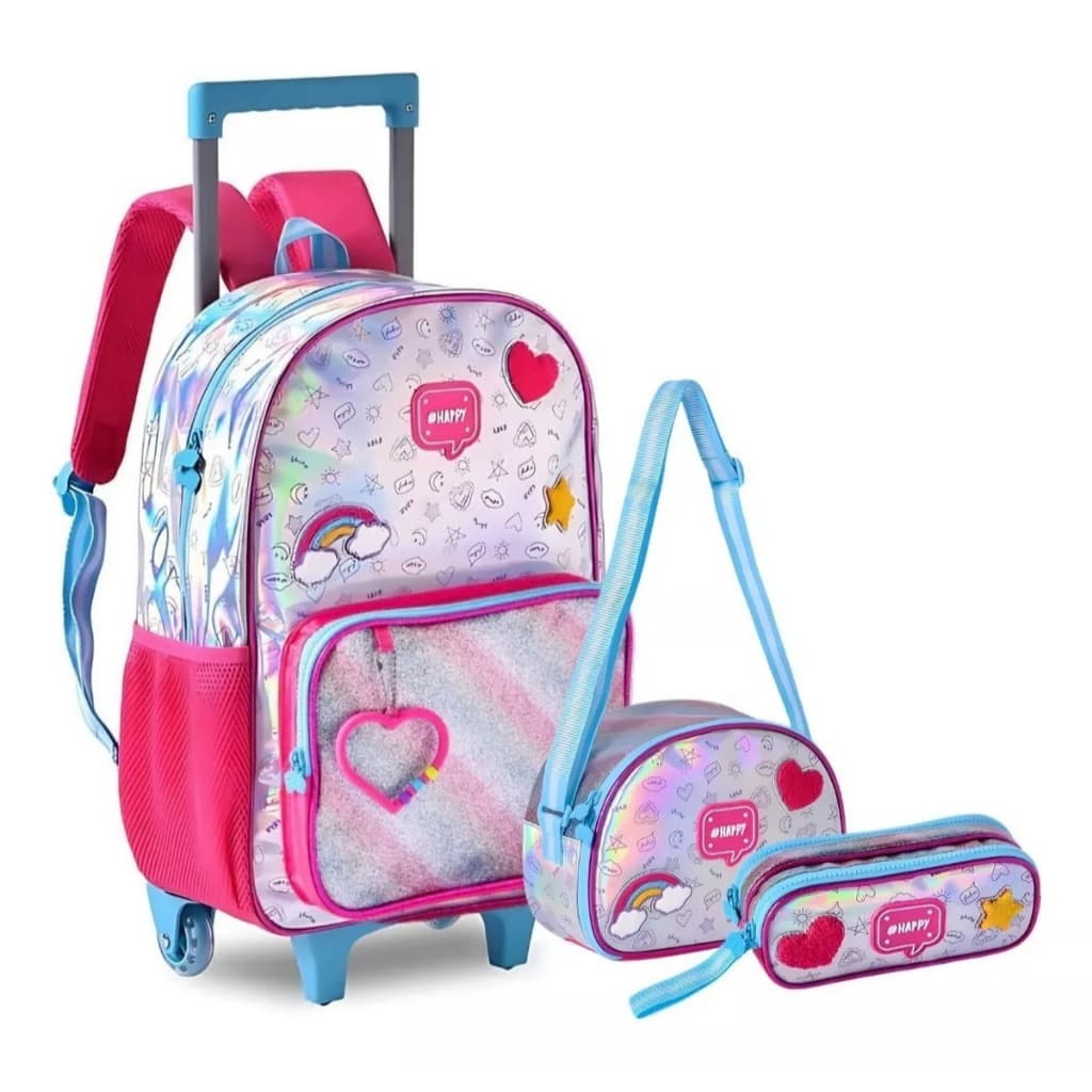 Mochila De Rodinha Escolar Arco-iris Holográfica Meninas Cor Rosa Pink