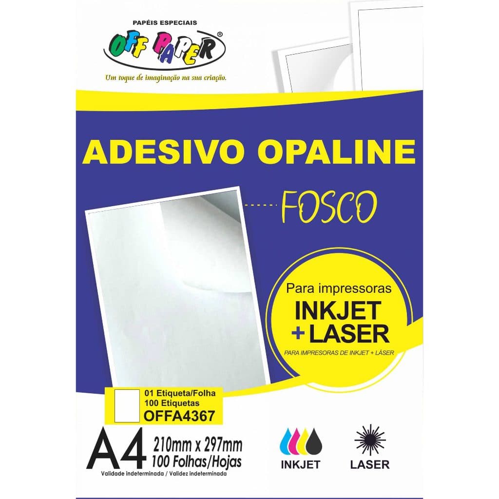 Papel Adesivo Opaline Fosco Off Paper 100 Folhas Jato de Tinta Inkjet e Laser