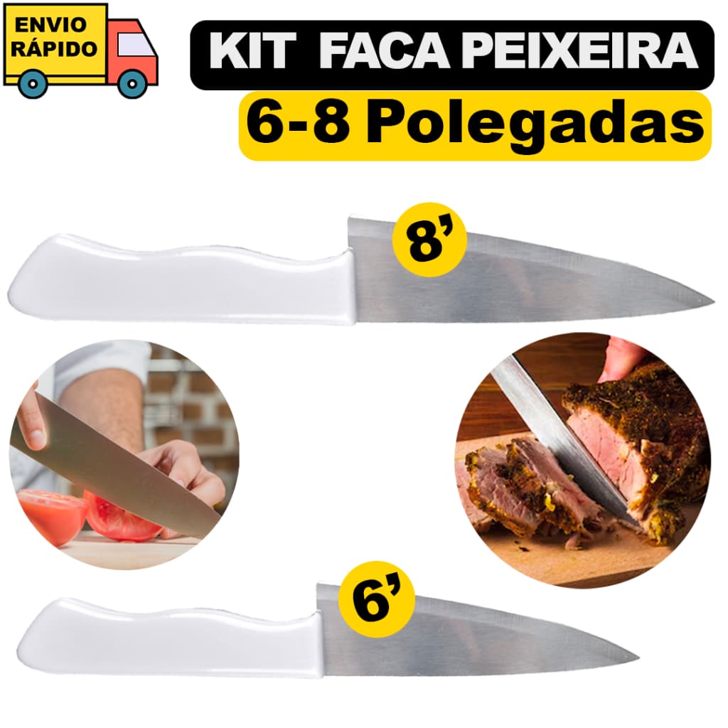 Kit 2 Facas Peixeira De 6'' 8'' Polegada Cabo Branco Em Aço Inox Para Cozinha Faca Para Cortar