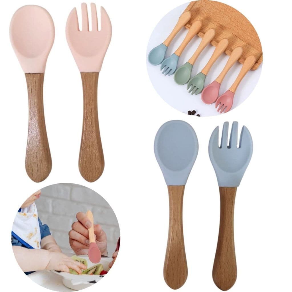 Kit Talher Bebe Colher e Garfo Infantil Silicone Cabo de Madeira