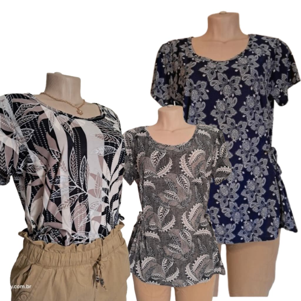 3 unidades Blusa Feminina malha fria Plus Size GG Estampas Sortidas