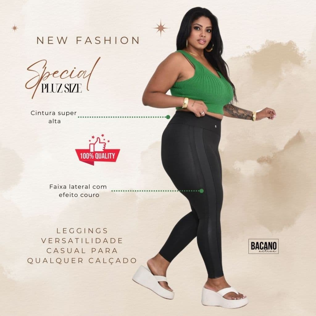 Calca leggin premium plus size com listras laterais efeito couro