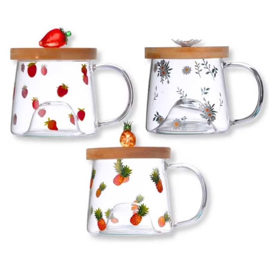 Caneca 350ml Abacaxi Flor Morango C/ Pires Bambu Chá Café