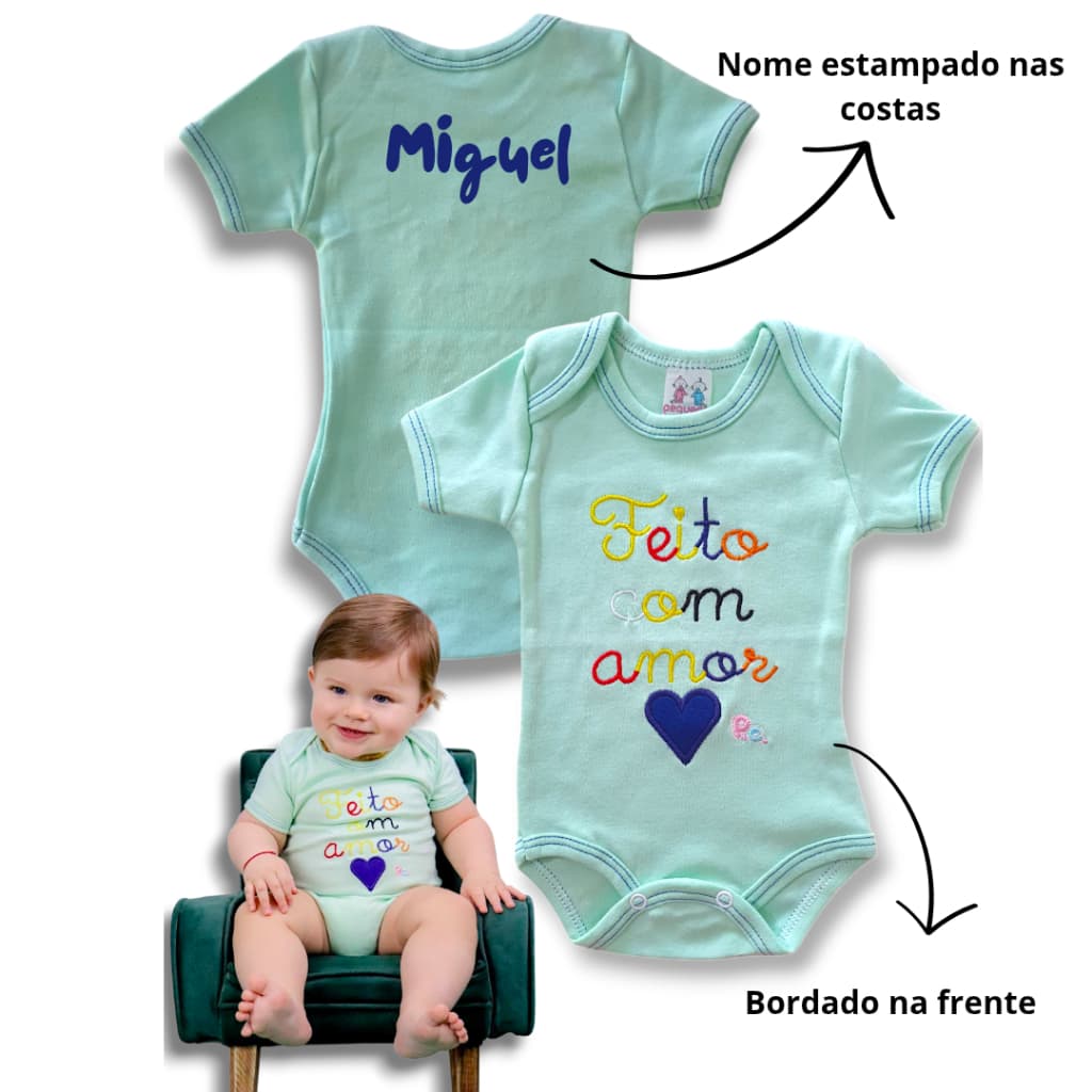 Body Bebê Menino Pesonalizado com Nome Frente e Verso Bordado Com Frase Feito Com Amor