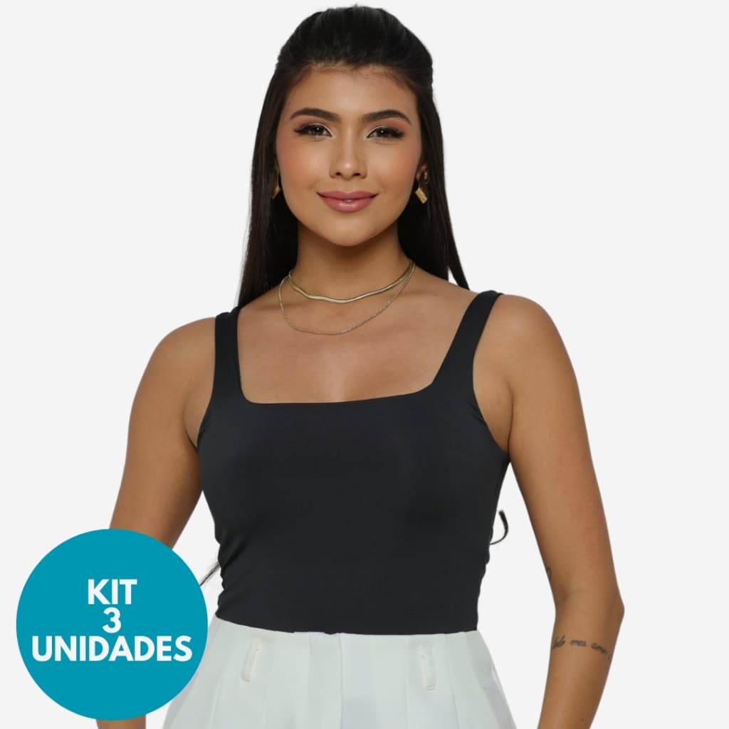 Kit 3 Body Suplex Feminino Decote Quadrado Bori Regata Alça Fina