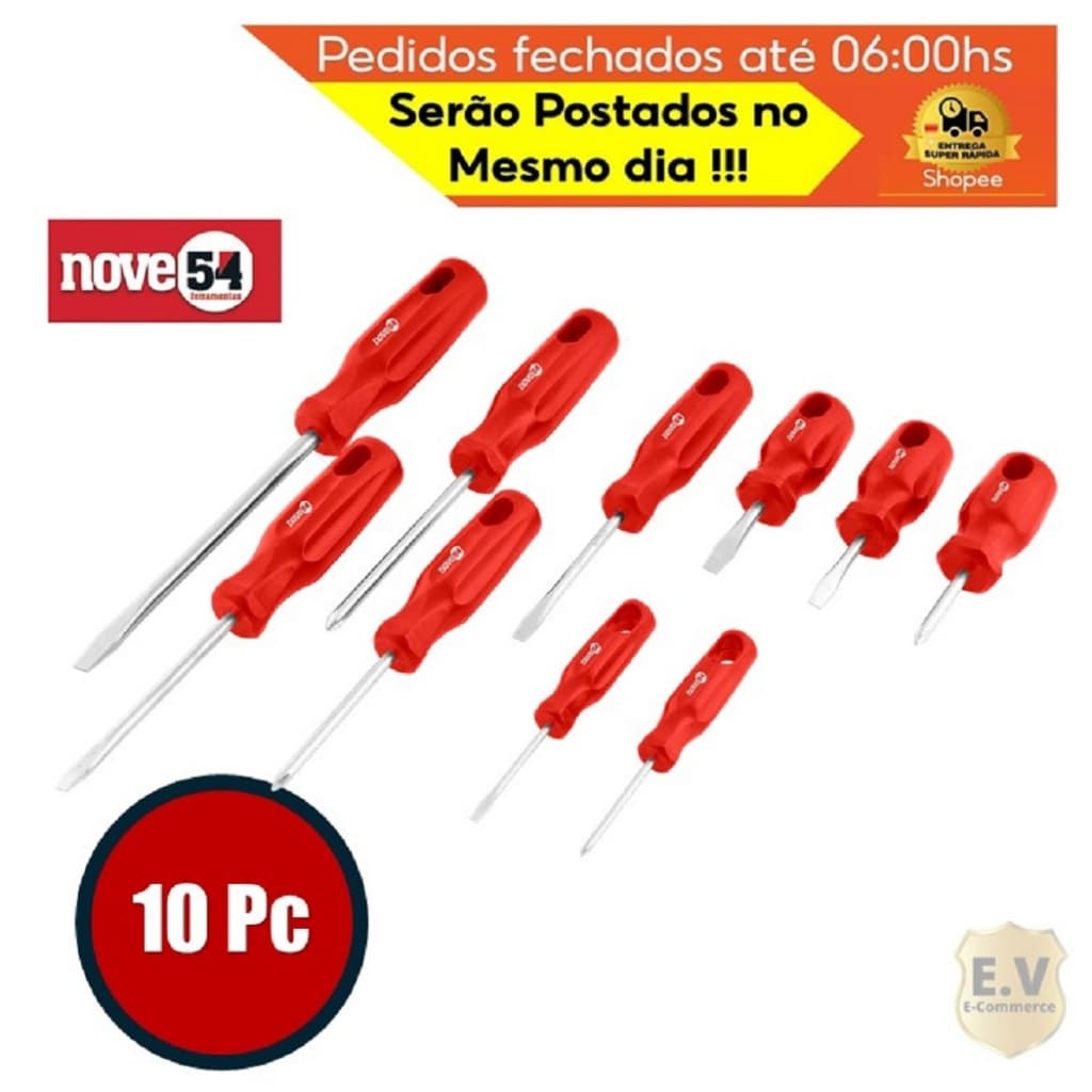 Jogo Conjunto Com 10 Chaves (6 Fenda + 4 Phillips Cruz) Ponta Magnetizada Hobby Nove 54 954