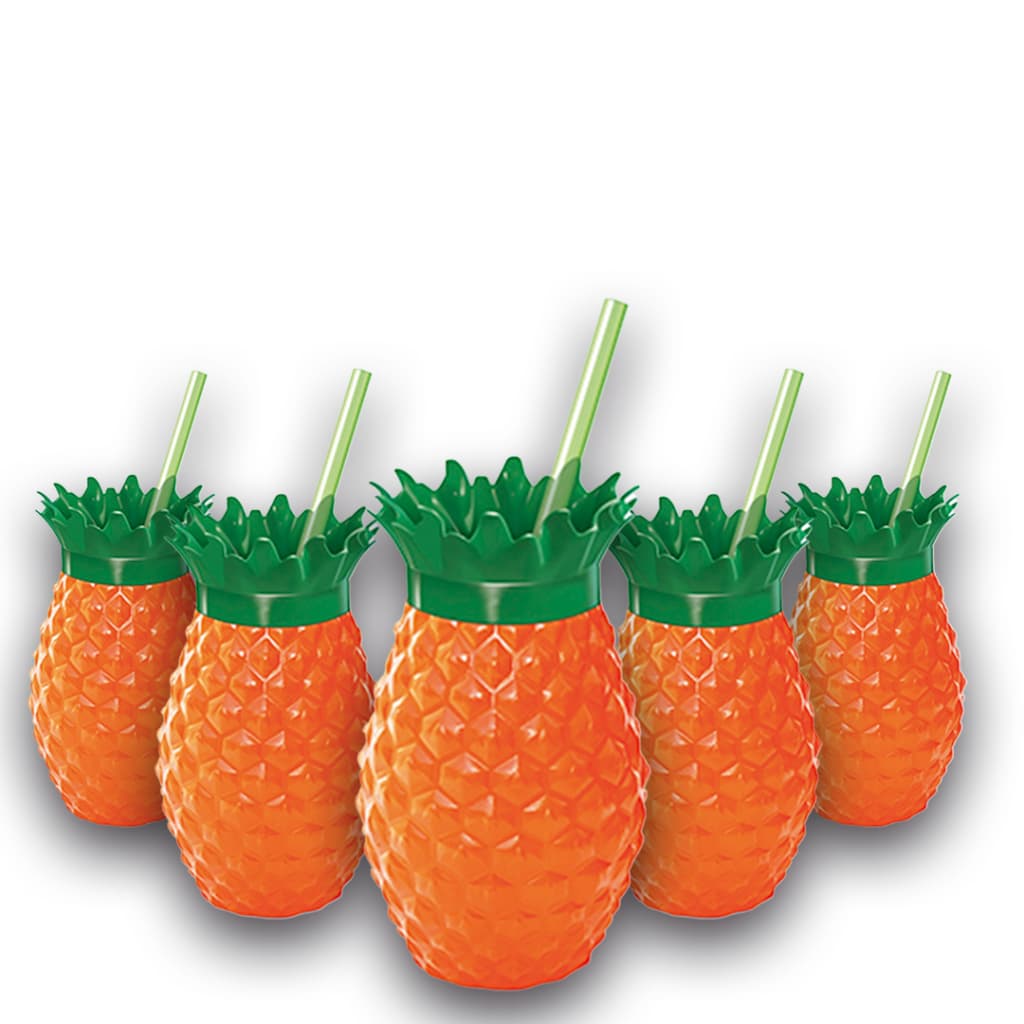 Kit Copos Formato Abacaxi Laranja 300ml Com Canudo Festa Temática Tropical Hawai Carnaval Moana Stitch Bob Esponja