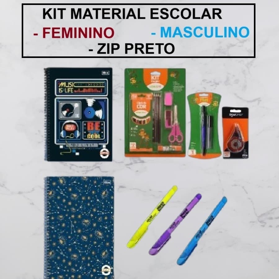 Kit Material Escolar De Caderno 10 Ou 16 Ou 20 Matérias Com Kit Masculino E Feminino e Zip Preto