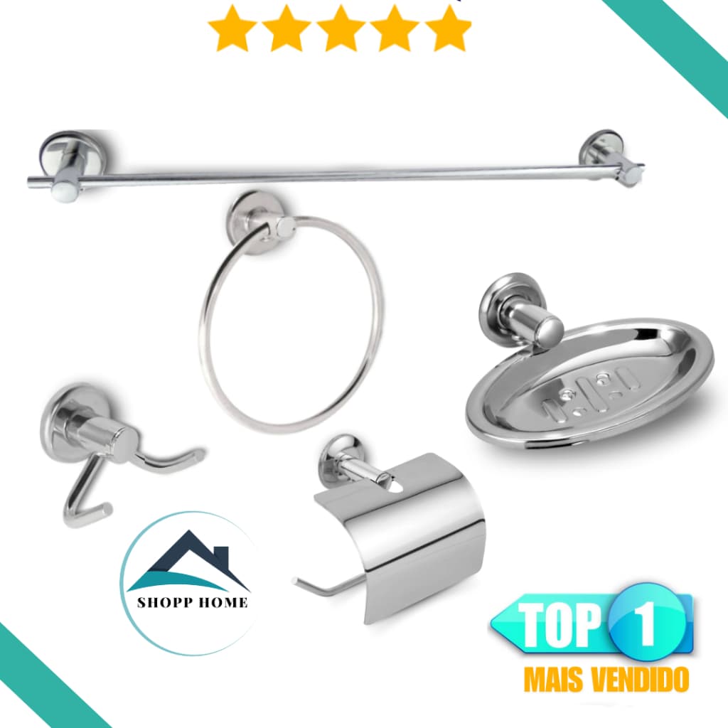 kit 5 acessorios para banheiro aço inox e aluminio saboneteira porta sabonete, papeleira, porta toalhas,cabide