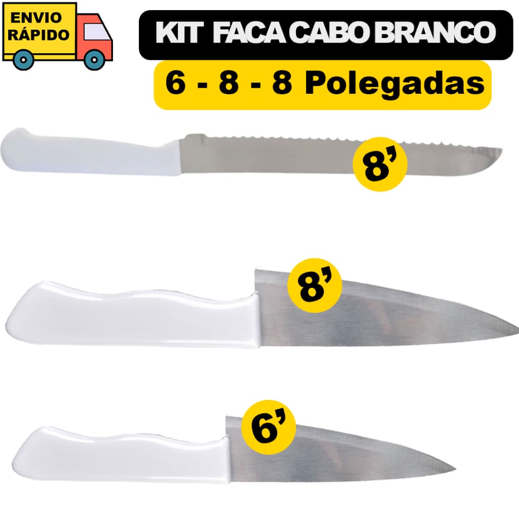 Jogo 3 Facas De Pão Com Serra 8'' Facas Peixeira 8'' 6'' Para Alimentos Peixe Bolos Em Aço Inox
