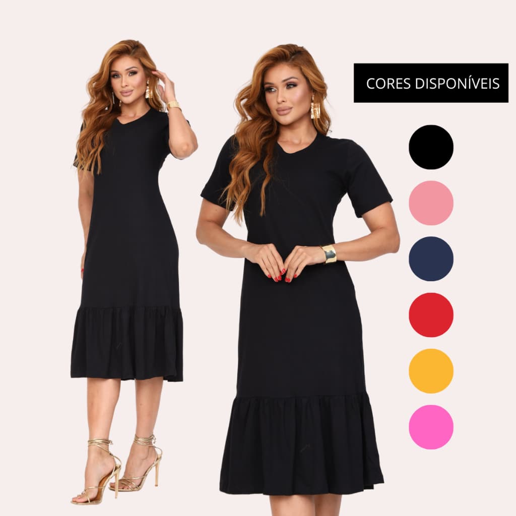 Vestido Feminino Midi Soltinho Moda Evangélica Manga Curta Com Babado Malha Algodão