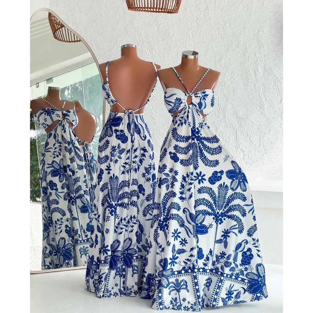 VESTIDO CAMILA - vestido feminino thaina longo flores azul tendência verão