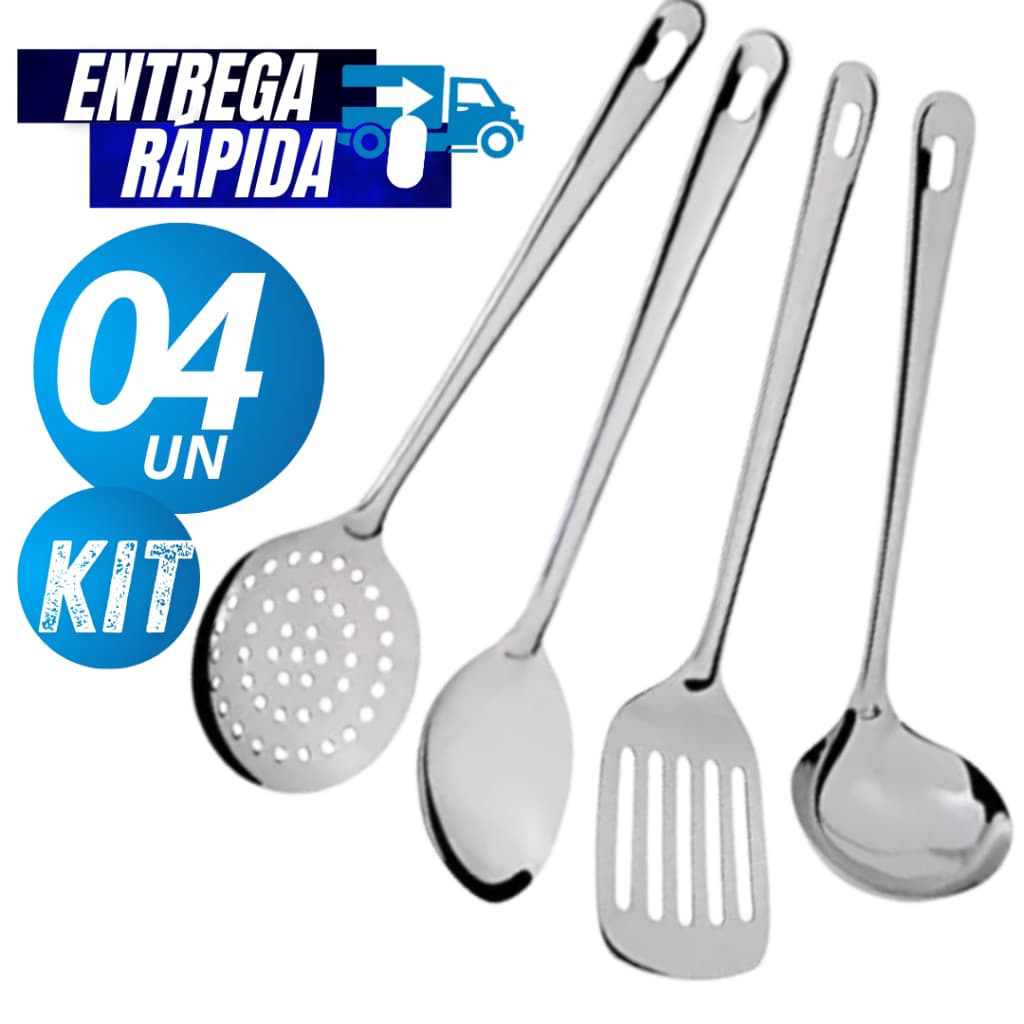 Conjunto Jogo Kit 04/03/02/02 Utensílios Cozinha 100% aço Inox Colher Arroz Concha Escumadeira Espátula Vazada