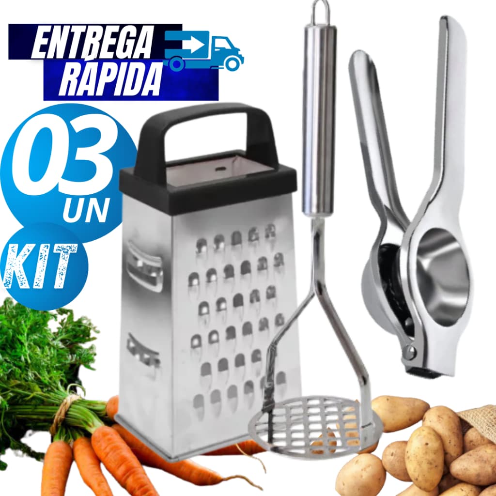 Kit 03/02/02/01  Peças Ralador 4 Faces 21Cm  Amassador de Batata Espremedor de Limão Inox Linha Premium