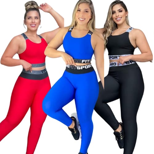 Kit 3 Conjuntos Feminino Academia Fitness Top + Calça Legging Roupa Ginástica Sem Transparência Suplex