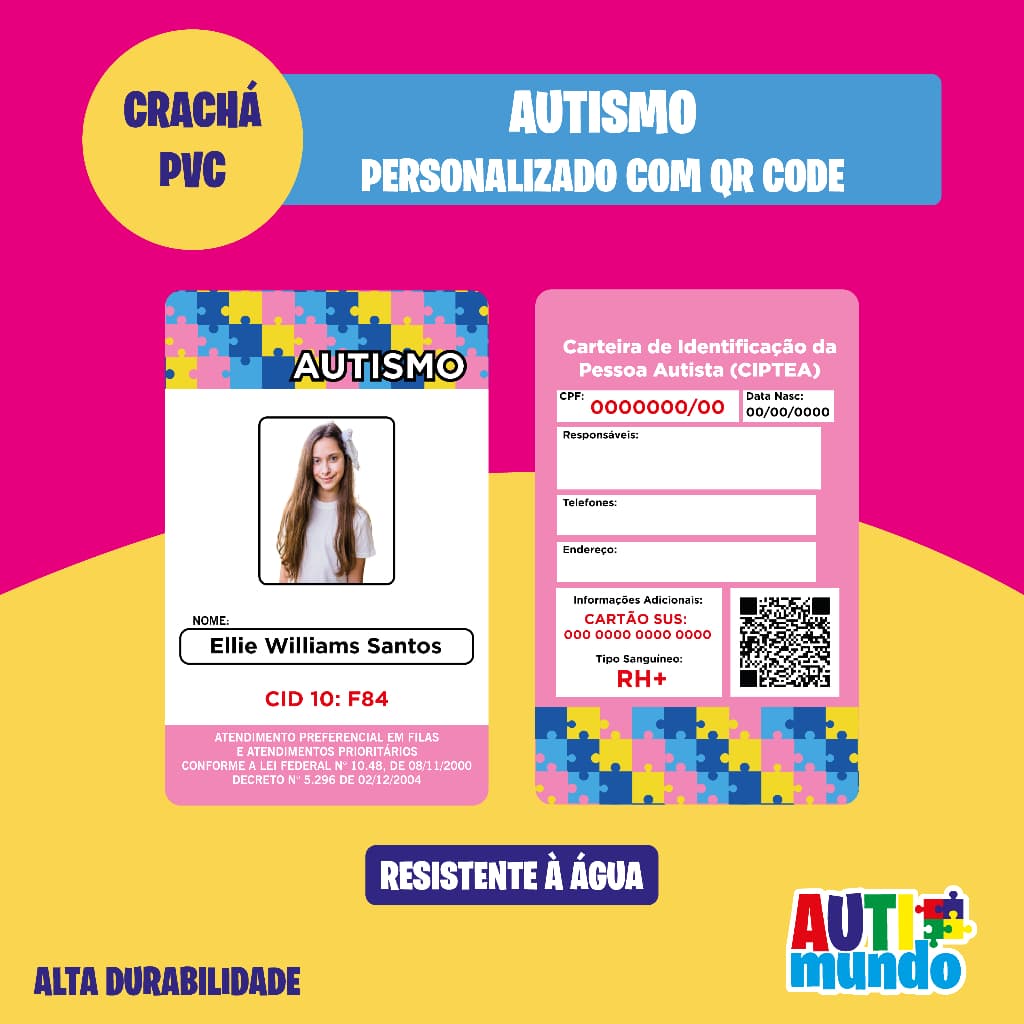 Crachá de Identificação Autismo Rosa (TEA  Deficiências Ocultas Girassol TDAH Fibromialgia)