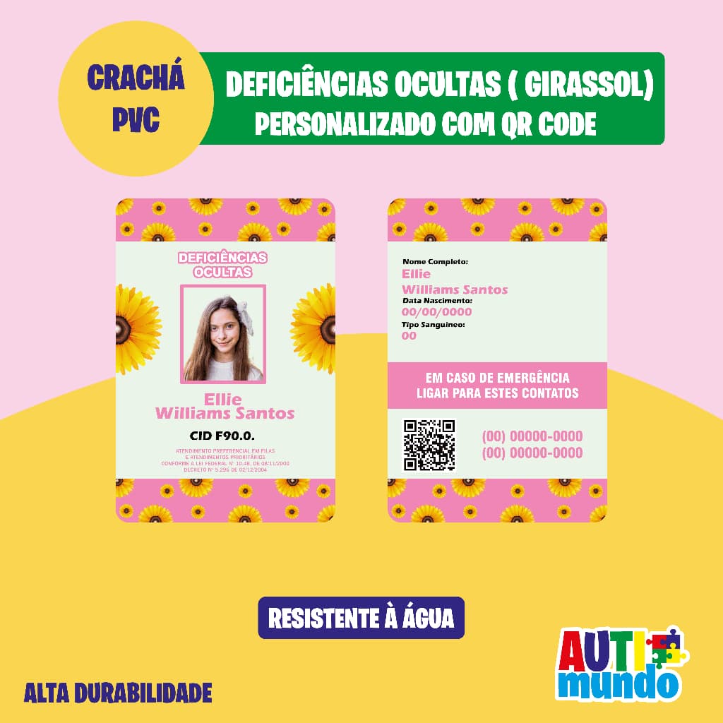Crachá de Identificação Deficiências Ocultas Rosa ( Deficiências Ocultas Girassol TDAH Fibromialgia TEA )