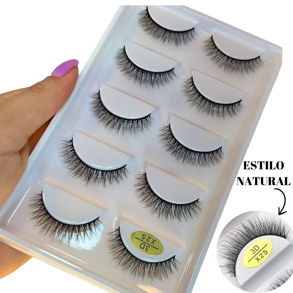 Cartela com 5 Pares de Cílios Postiços 3D X25 estilo natural cerdas medias