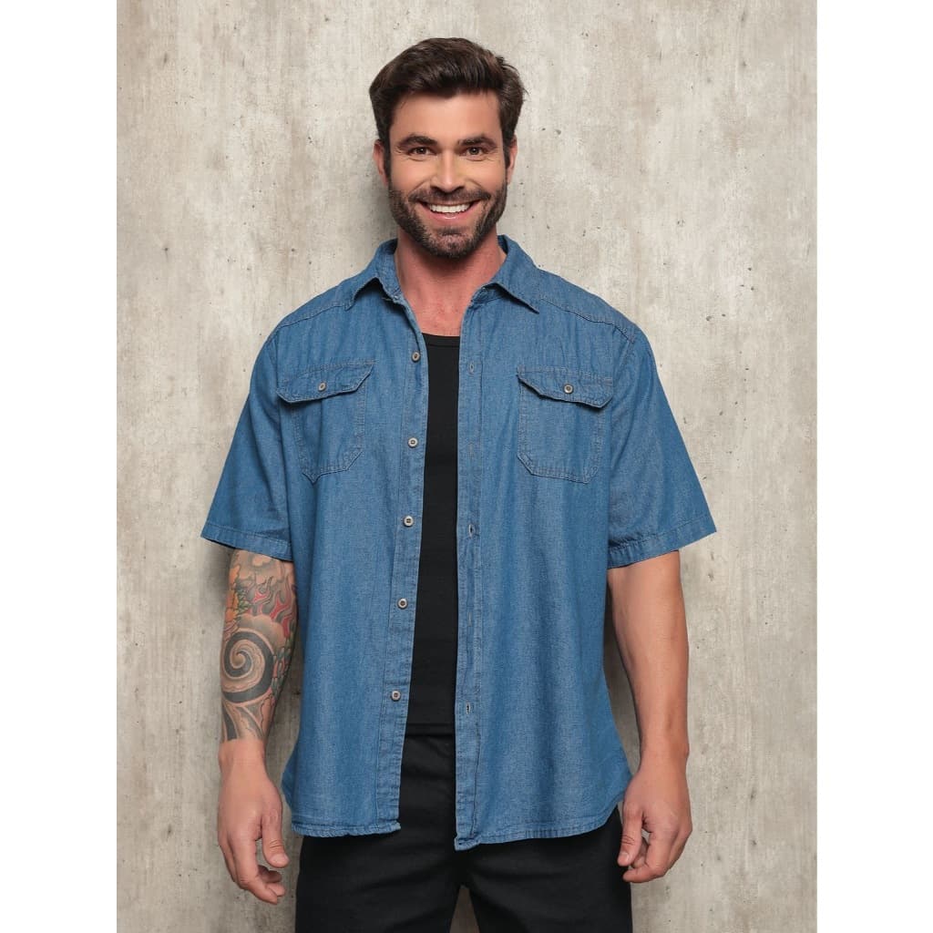 Camisa Jeans Masculina Slim Fit Manga Curta Social Premium