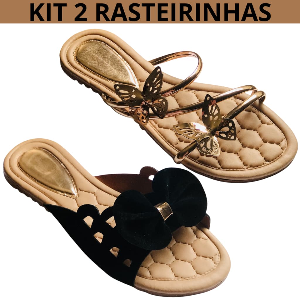 Kit 2 Sandália Rasteirinha Feminina Rasteira Confortável Tendência com Strass e Brilho