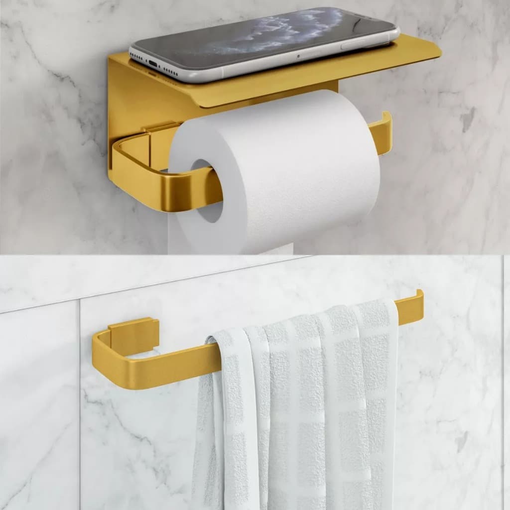 Kit 1 Porta Papel Com Suporte Celular 1 Porta Toalha De Rosto Dourado