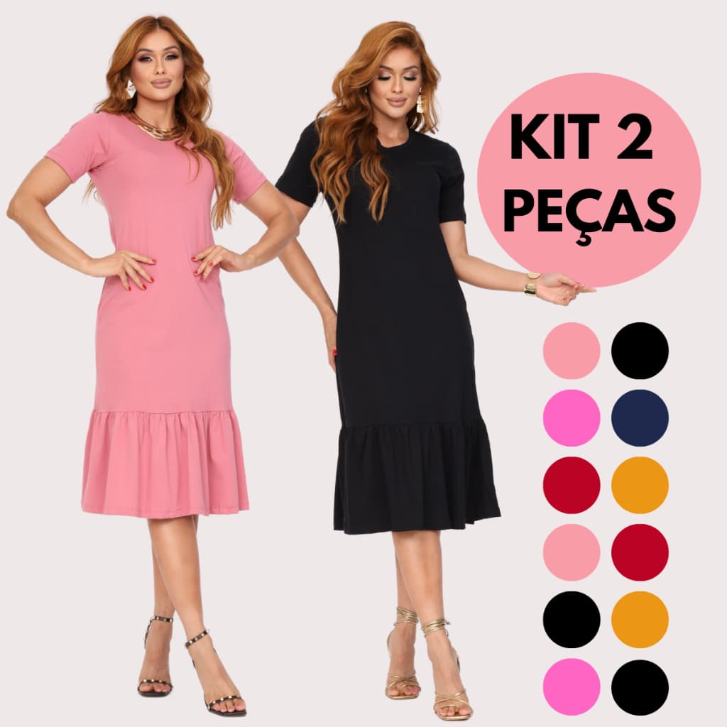 Kit 2 Vestido Feminino Babado Moda Cristã Luxo Elegante Malha Algodão Manga Curta
