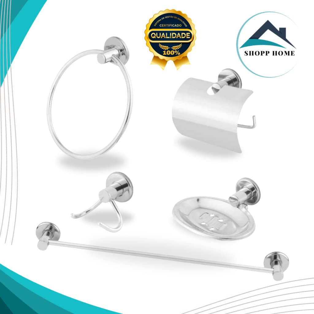 Kit Para Banheiro Acessórios de Metal Aço Inox 5 Peças COMPLETO