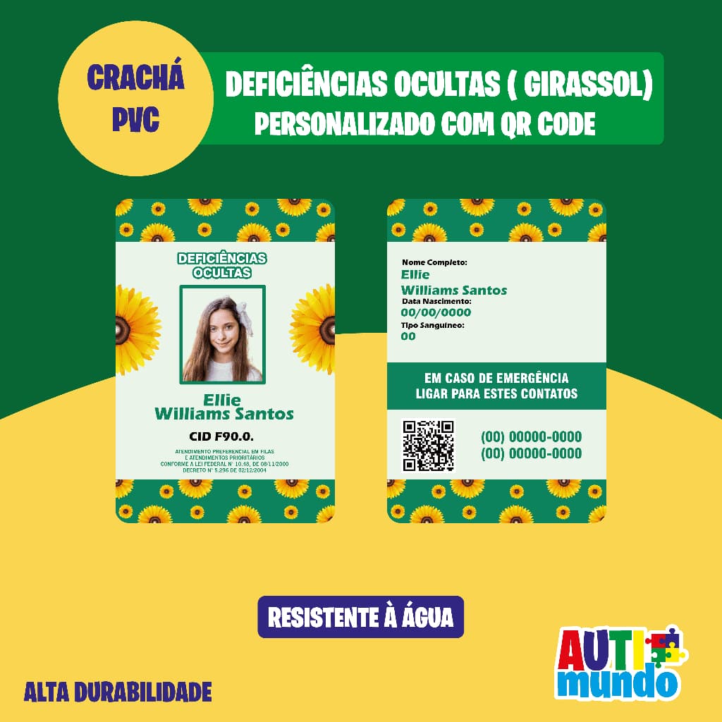 Crachá de Identificação Deficiências Ocultas Verde ( Deficiências Ocultas Girassol TDAH Fibromialgia TEA )