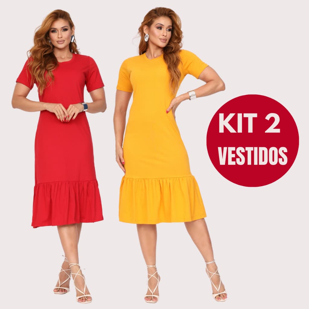 Kit 2 Vestidos feminino Soltinho Elegante Com Babado