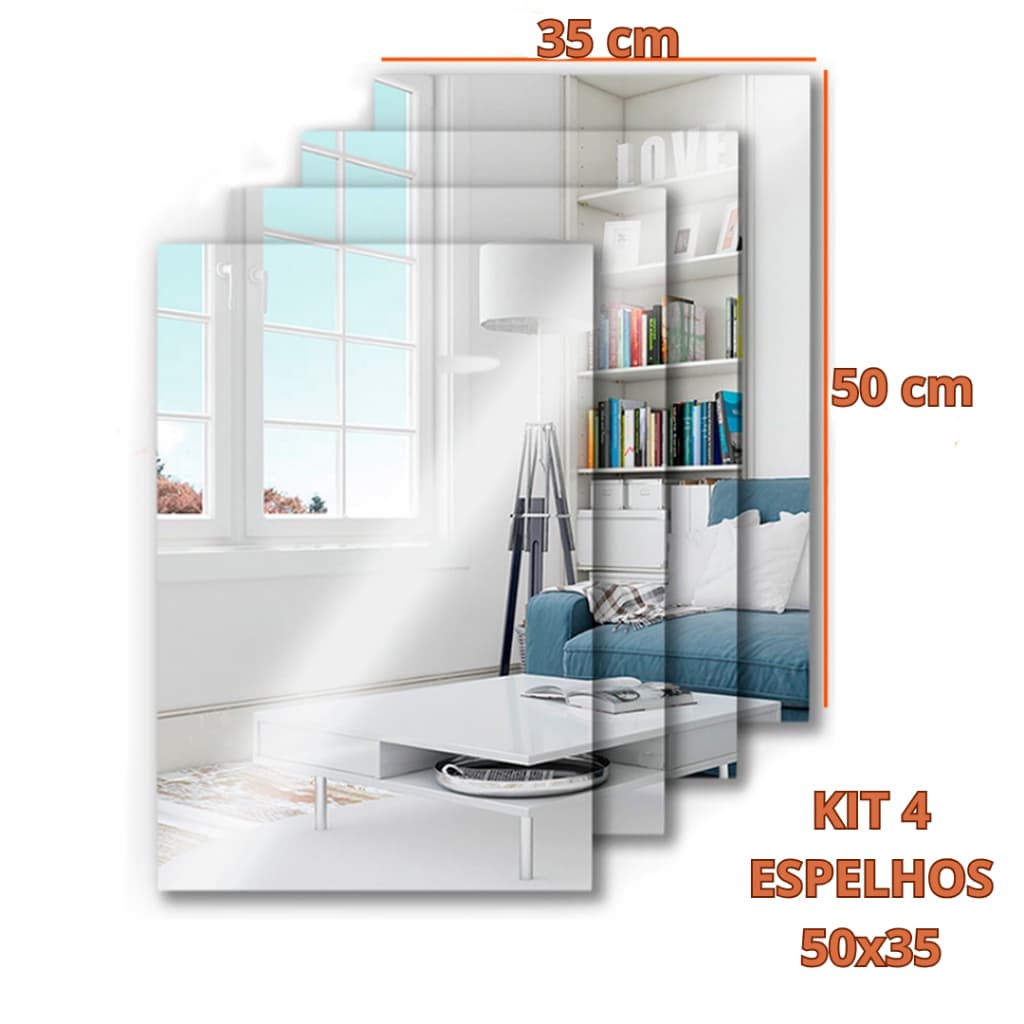 Kit 4 Espelhos Adesivos Acrílico Retangular 50x35cm Decorativo Parede Inquebrável