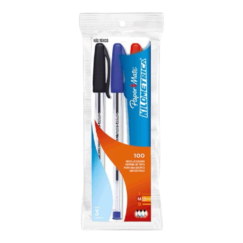 Caneta esferográfica 1.0mm kilometrica 100 az/pt/vm Paper Mate BT 3 UN