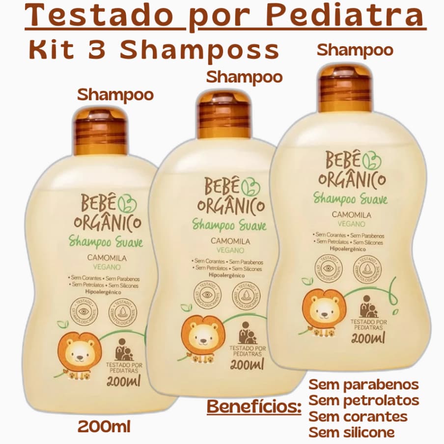 KIT 3 Shampoos Camomila - Bebê Orgânico Cuidado Natural 200 ml