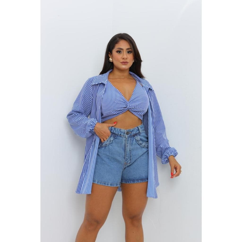 Conjunto Listrado  croppet +Camisao Kimono  Moda Blogueira Tendencia