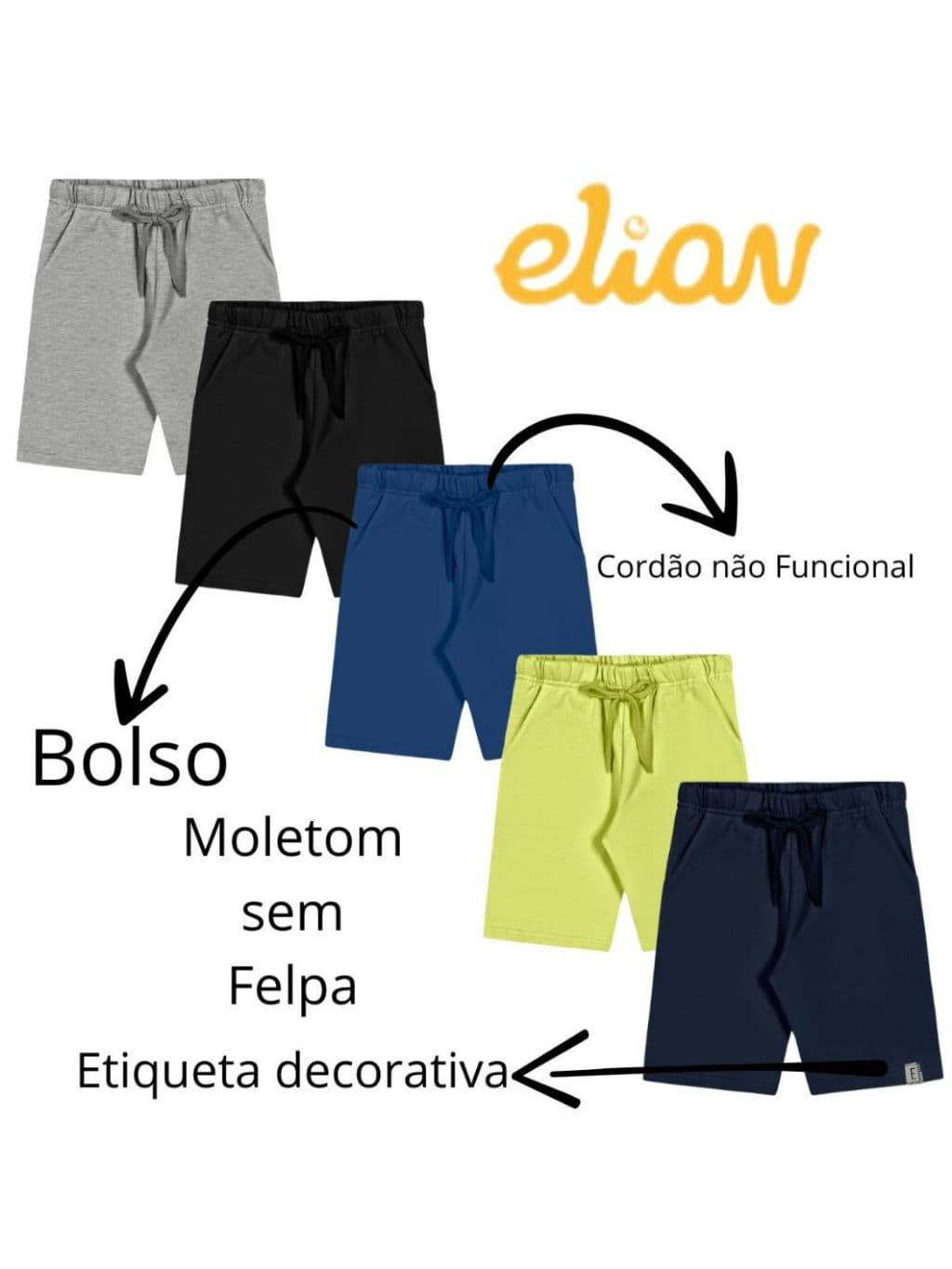 Bermuda Infantil Básica Elian Linda Menino Lindo Bermuda Menino com Bolso 51025