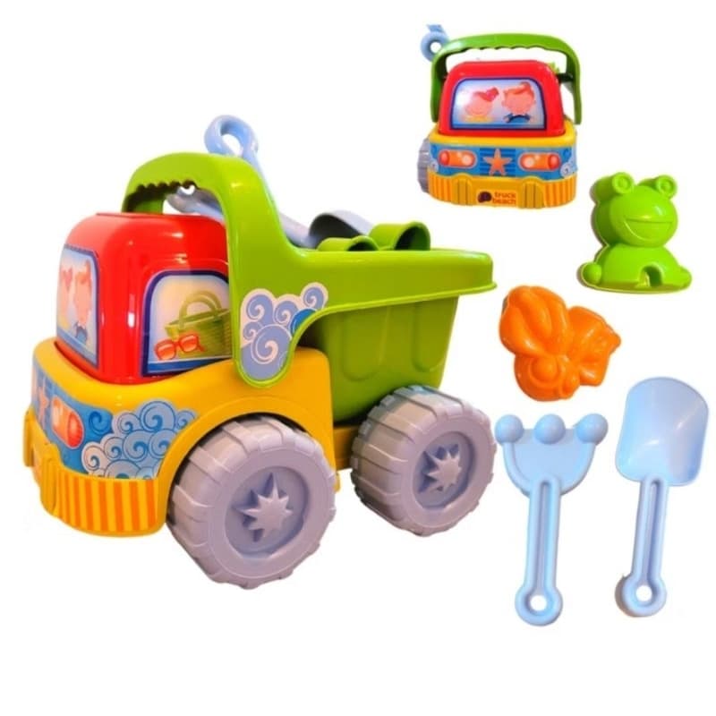 Caminhão Truck Kit Praia Brincadeira na Areia Caçamba Garfo e Pá Caminhãozinho Praia Brinquedo.