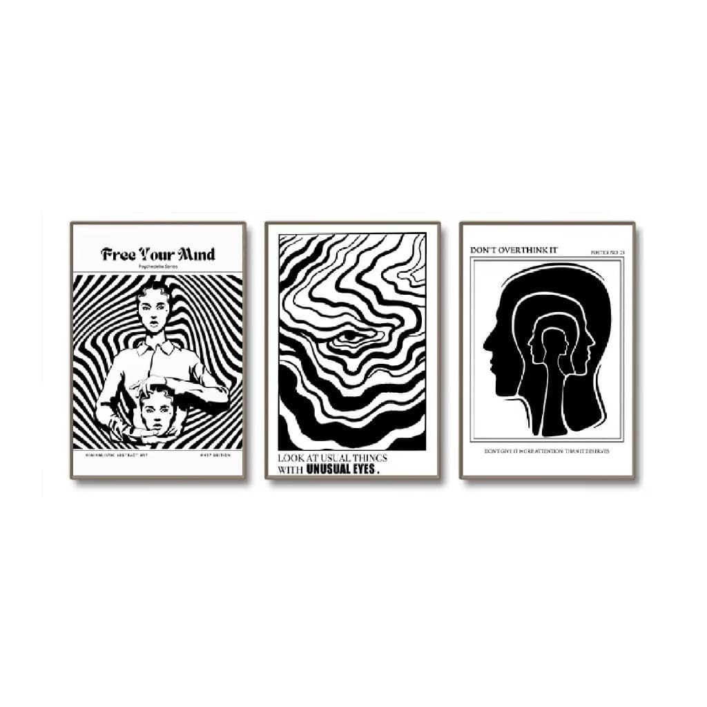 Quadros decorativos Preto e branco libera sua mente psicodélica pintura (3 peças)