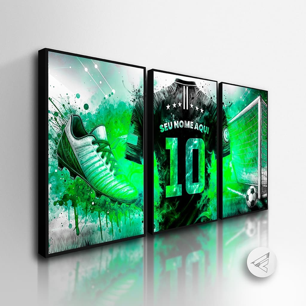 Kit 3 Quadros Decorativos Camisa Futebol, Chuteira, Verde com *NOME* personalizado! quarto sala All