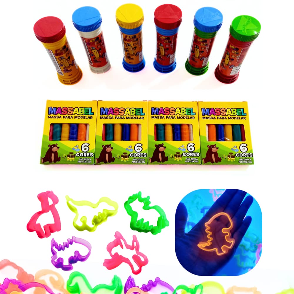 10 Caixas Massinha de Modelar + 10 Bolha de Sabao + 10 Cortador Kit Festa Lembrancinha Aniversario