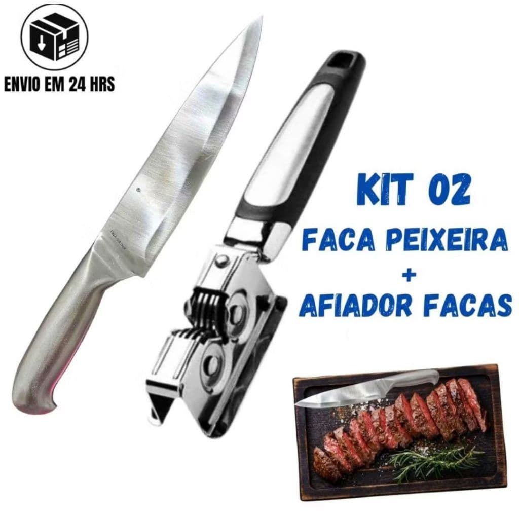 KIT 3 amolador afiador de facas em aço inox + faca de churrasco cozinha carne peixe colher garfo