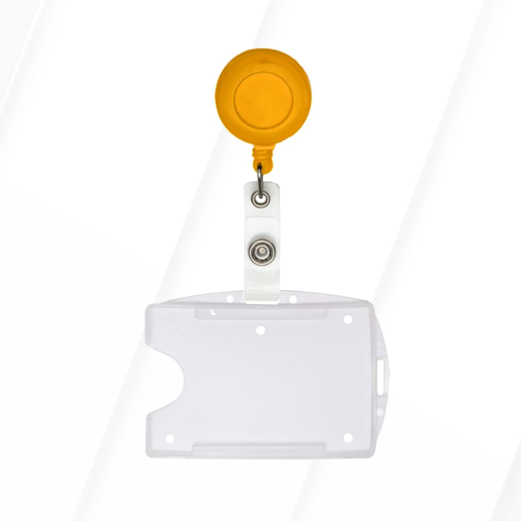 Kit 60 Porta Cracha Retrátil Roller Laranja + Porta Crachá Transparente Horizontal e Vertical