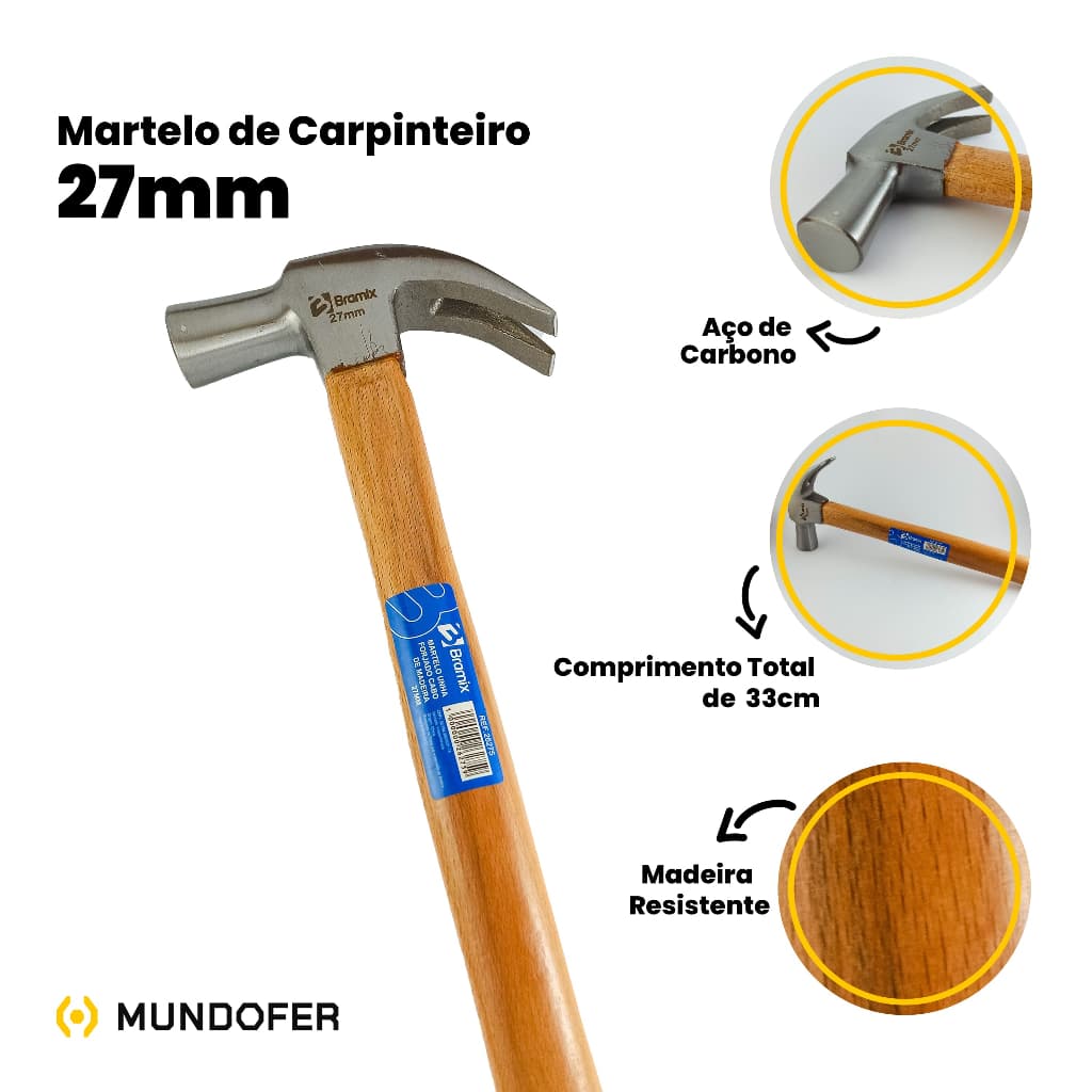 Martelo Cabo Madeira 27mm Carpinteiro Construção Civil Cabo de Unha de Madeira