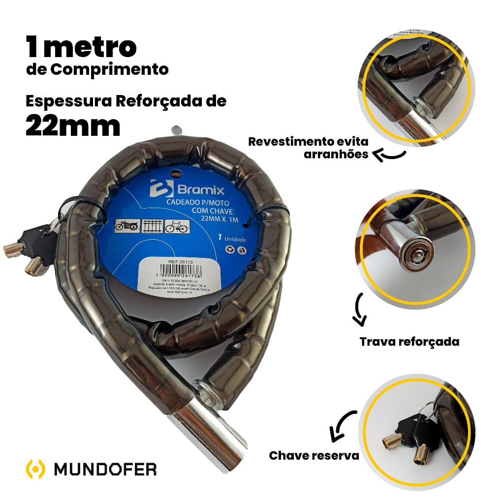 Cadeado para moto anti furto chave bicicleta portão corrente bike  1M x 22MM BRAMIX