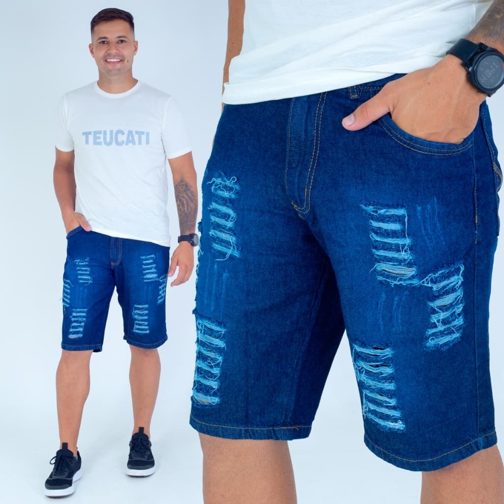 Bermuda Jeans Masculina Destroyed Premium Moda Homem - TEUCATI