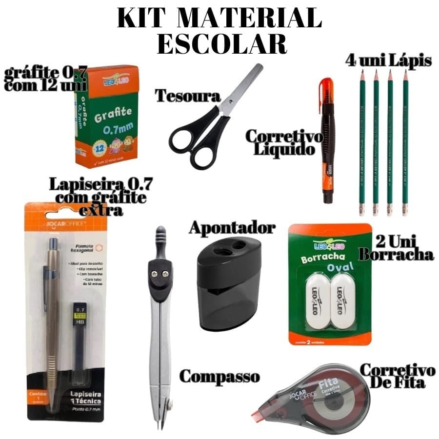 KIT Material Escolar De 4 Lápis 2 Borrachas Lapiseira 0.7 Grafite E Apontador Compasso Corretivo