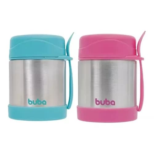 Pote Térmico Com Colher Alimentação Infantil Inox 320Ml Azul, Rosa - Buba