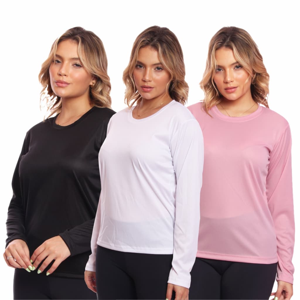 Kit 3 Camiseta Feminina Proteção Solar Manga Longa Adulto Dry Fit