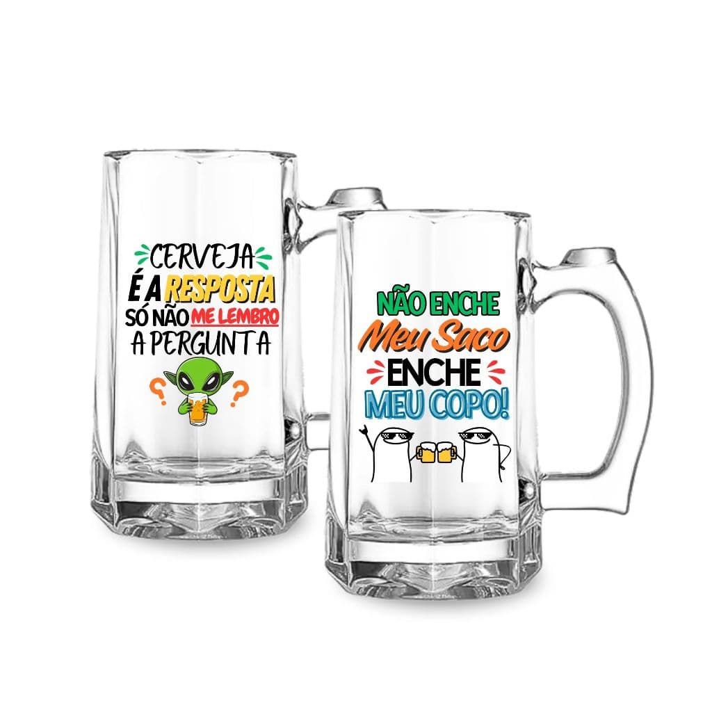 Kit 2 Canecas Chopp Vidro Grosso Estampada Frase Presente Criativo Engraçado Vai Ao Congelador 360ml