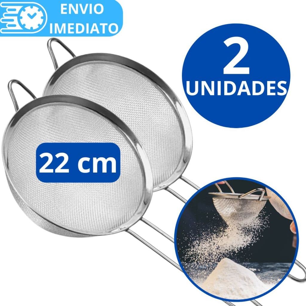 KIT Jogo 2 Peneira Coador GRANDE 22cm 10cm  Aço Inox Premium para Cozinha Casa Restaurante Doce Sobremesa Óleo Farinha