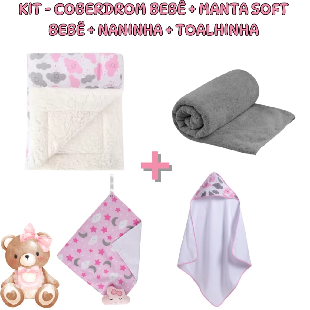Kit 4 itens Essencial para bebê - Coberdrom + Manta soft + Naninha + Toalhinha